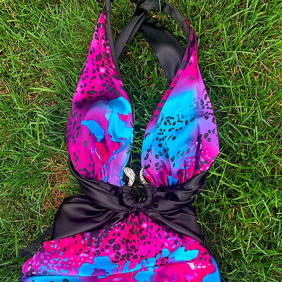 JOLIE silk satin halter v neck bold multicolour floral prom/formal dress. - Picture 3 of 14